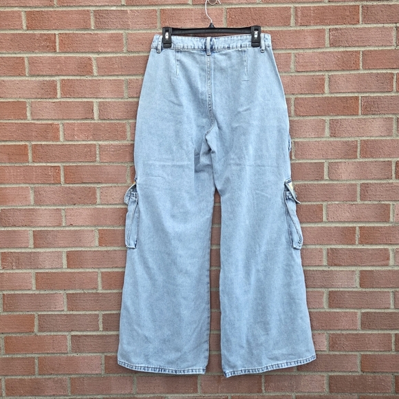Beaded Pockets Cargo Wide Leg Jeans Light Wash Y2K Waist 30 - Picture 2 of 8